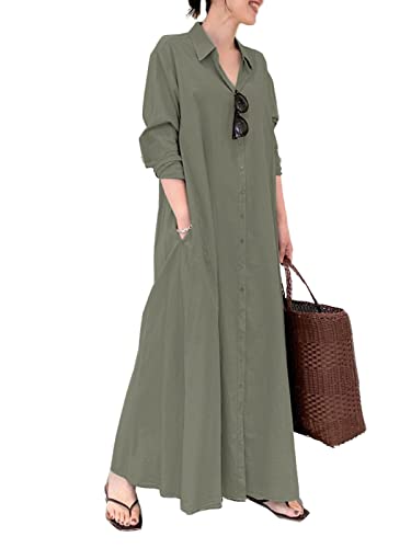 ZANZEA Women Cotton Lapel Casual Loose Long Shirt Dresses Button Down Pocket Blouse Maxi Dresses Army Green-F85144 Small