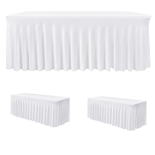 HolidayIdeas White Spandex Table Covers 6 Foot, Fitted Stretch Table Skirts 30x72 Inch, Wrinkle-Free Floor Length Polyester Tablecloths for Weddings Parties Banquets Events,2 Pack
