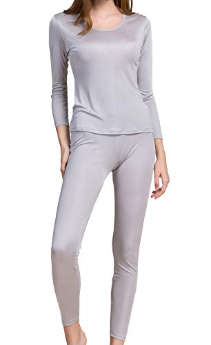 Grenasasilk Womens Silk Long Underwear Mulberry Silk Long Johns Silk Thermal Underwear Sets Cold Weather Base Layer (L, Silver grey)