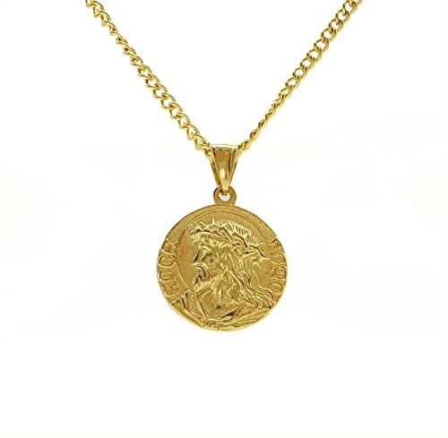LINLINCHIC 18K Gold Plated Jesus Coin Necklace, Christian Prayer Pendant for Men Women, Religious Necklace
