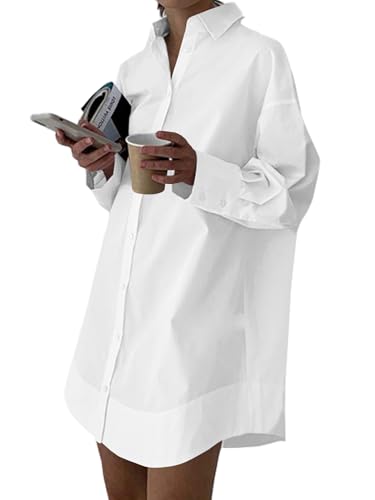 LYANER Women's Casual Shirt Dress Collar V Neck Button Down Loose Long Sleeve Mini Dresses White Medium