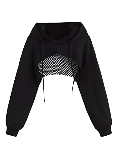 SHENHE Women's Fishnet Long Sleeve Drawstring High Low Workout Hoodie Crop Tops Black M