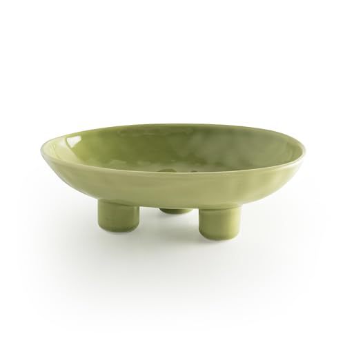 seicasaya Three-Legs Ceramic Fruit Bowl for Kitchen Counter, 10 Inch Large Candy and Key Bowl for Home Decor, Oval Shape, Green