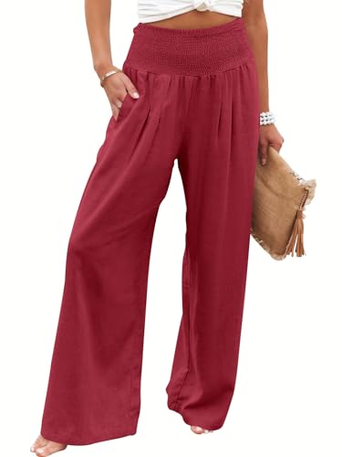 ANRABESS Women Linen Palazzo Pants Summer Boho Wide Leg High Waist Casual Lounge Pant 2025 Beach Travel Vacation Outfits Red Small