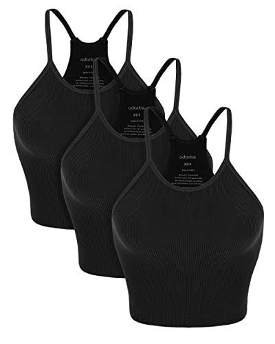 ODODOS Women's Crop Camisole 3-Pack Seamless Rib-Knit Crop Tank Tops, Long Crop, Black Black Black, Medium/Large