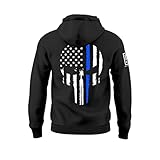 Patriotic Thin Blue Line USA Skull Flag Police Hoodie Sweatshirt (Black, L)