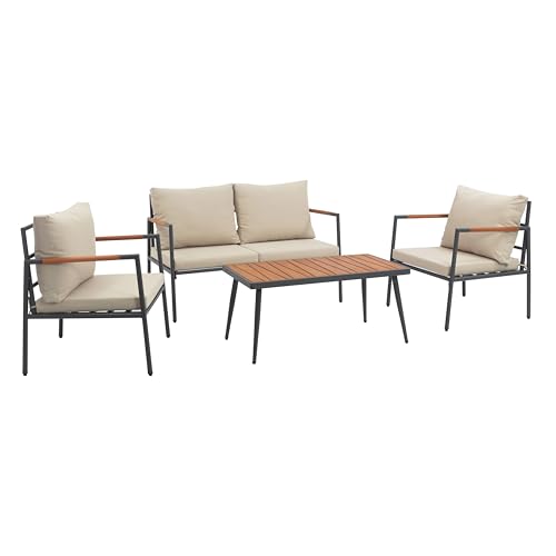 Teamson Home 4-Piece Outdoor Patio Conversation Furniture Set with Cushions, Eucalyptus Wood Armrests & Table, Steel Frame, Weather-Resistant, Beige Lounge Chairs, Loveseat & Coffee Table