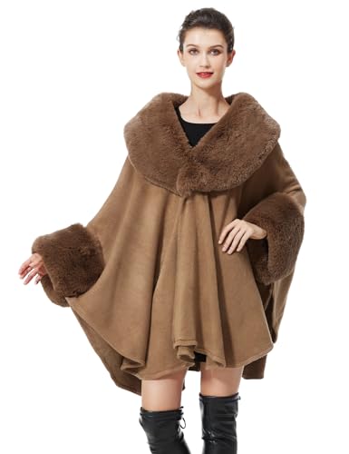 SUFCOMOU Women Cape Poncho with Fur Trim Winter Faux Fur Shawl Wrap Coat Sleeveless Cardigan Cloak (Khaki)