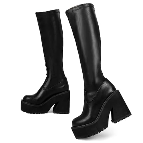 AMINUGAL Women's Elastic Knee High Platform Chunky Block High Heel Sock Boots Zipper Round Toe Fashion Motorcycle Combat Punk Boots Black size 7