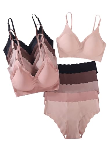 BEAUDRM Women's 5 Pack Seamless Lingerie Sets Scallop Trim Wireless Bralettes No Show Bra and Panty Sets Matching Underwear Multicolor Large