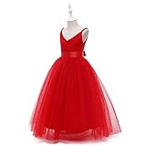 Glamulice Classic Red Flower Girl Dresses Bridesmaid Long A Line Wedding Pageant Dress Tulle Spaghetti Strap Party Gown Elegant Fancy Holiday Formal Princess Dance Christmas Ball Gown Bright Red 10