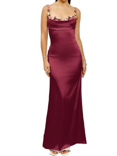 Colysmo Women's Satin Spaghetti Strap Slip Bodycon Maxi Dress Sleeveless Wedding Guest Elegant Evening Party Dresses Wine M