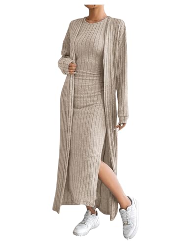 SOLY HUX Women's Casual Ribbed Knit Outfit 2 Piece Bodycon Tank Dress and Long Sleeve Long Cardigan Spring Fall Clothes Solid Apricot Medium