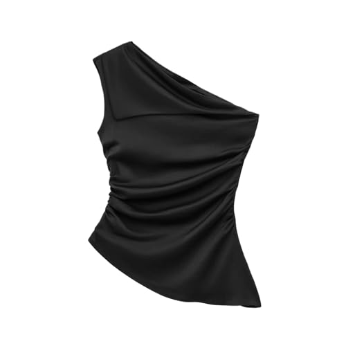 Women Asymmetrical Solid Color Blouse with Pleats Design for Summer Fashion