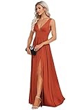 Ever-Pretty Women's Bridesmaid Dresses Deep V-Neck Sleeveless Side Slit Floor Length Wedding Guest Dress Burnt Orange US6