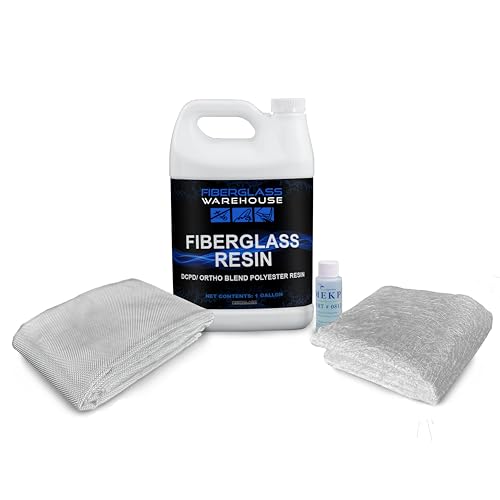 Fiberglass Warehouse Repair Kit- Fiberglass Resin Gallon with 3 Yards of 6 oz x 50" Fiberglass Cloth and 3 Yards 1.5 oz x 50" Chopped Strand Mat. Includes Hardener. Great for Boats, Auto, RV