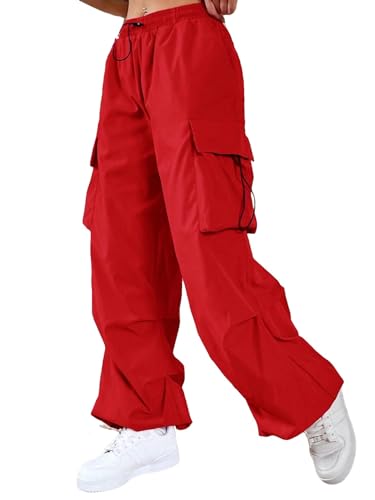 SweatyRocks Women's Drawstring Elastic Waist Loose Pants Casual Flap Pocket Cargo Pants Trousers Red S