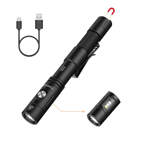 TUNENGE S22 2AA Tactical EDC Dual Mode Flashlight Rechargeable,1200 High Lumen Pocket Flashlight with Magnet,Dual Switch Mini LED Flashlight and Side Light COB Light 4 Mode, 365nmUV