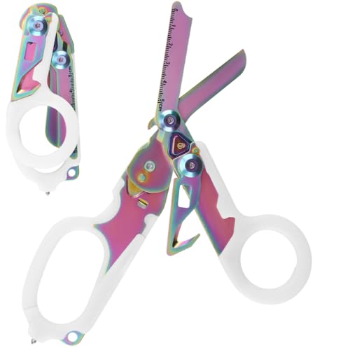 PEBWGE Trauma Shears, Emergency Rescue Scissors with Strap Cutter, Glass Breaker, Ruler, Band Cutter, Oxygen Bottle Wrench, Stainless Steel, Multicolor