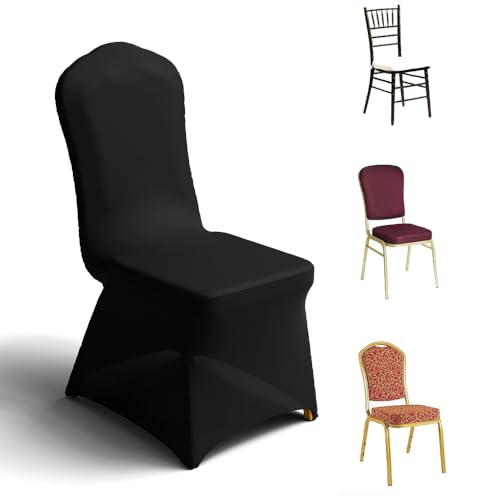 Trlyc 100 Pcs Spandex Chair Covers for Dining Chairs Stretch Polyester Dining Chairs Slipcovers for Wedding Party Decor Banquet Flat-Front Chair Cover (Black)