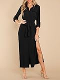 Wenrine Womens Button Down Shirt Dress Casual Chiffon 3/4 Lenght Sleeve Belted Lightweight Flowy Midi Dress with Slit Black