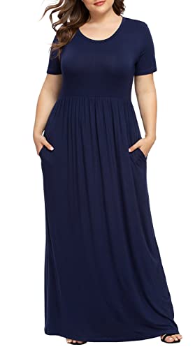 LONGYUAN Women's Maxi Dress Soft Plus Size Short Sleeve Loungewear Beach Swing Dresses Navy Blue, 2XL