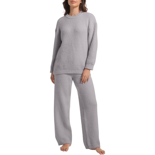 BOSECETA 2 Piece Fleece Pajamas for Women Set Loungewear Outfits Knit Sweater Womens Long Sleeve Fuzzy Pajama Sets (US, Alpha, Small, Regular, Regular, Grey)