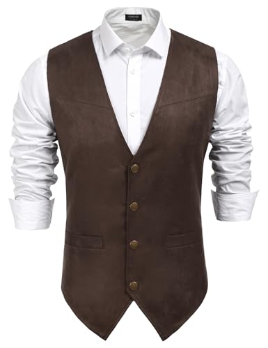 COOFANDY Men's Suede Leather Suit Vest Casual Western Vest Jacket Cowboy Waistcoat (XX-Large, Coffe)