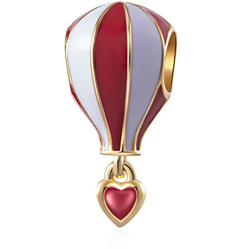 Gold Plated Hot Air Balloon Charm, 925 Sterling Silver I Love to Travel Charms Pave Red White Enamel Beads, fits Pandora Moments Bracelet, Gift for Lovers/Valentines/Summer