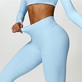 2 Piece Workout Sets for Women Long Sleeve Crop Tops and Yoga Pants Outfits High Waist Flared Leggings Gym Sets Blue S