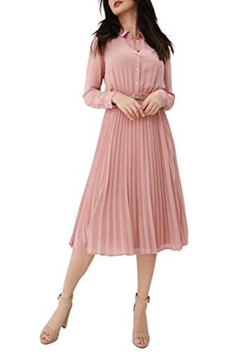 AbleTree Business Casual Shirt Dress for Women Long Sleeves Pleated Midi Dresses with Belt Blush Pink