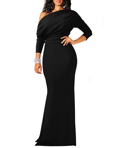 YMDUCH Women's Sexy Elegant Long Sleeve Off Shoulder Bodycon Long Evening Formal Dress Black