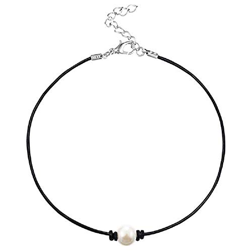 MJartoria Black PU Leather Cord Faux Pearl Choker Necklace Single Pearl Necklace