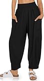 TARSE Womens Linen Palazzo Pants Summer Fall Boho High Waisted Cargo Baggy Loose Casual Harem Pants with Pockets, Black, M