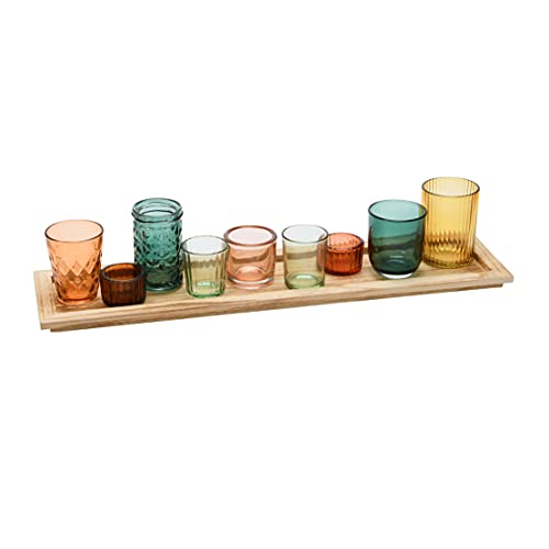 Creative Co-Op Round Glass Votive Holders on Wood Tray, Multicolor, Set of 9