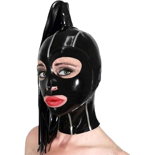 WJXJKCZ Rubber Full Face Mask Open Eyes Mask Black Latex Hood for Sexy Role Play Couple with Ponytail(Size:L-68CM)