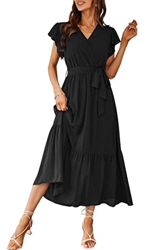PRETTYGARDEN Women's Summer Floral Boho Dress Wrap V Neck Short Sleeve Ruffle A-Line Flowy Maxi Wedding Guest Dresses (Solid Black,Large)