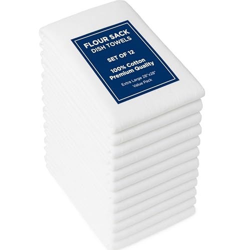 ROYALE LINENS Flour Sack Dish Towels - Kitchen Towel - Super Absorbent Flour Sack -100% Ring Spun Cotton -Tea Towels - for Embroidery, Cloth Diapers, Cheese Strainers (White - 28" X 28" Pack of 12)