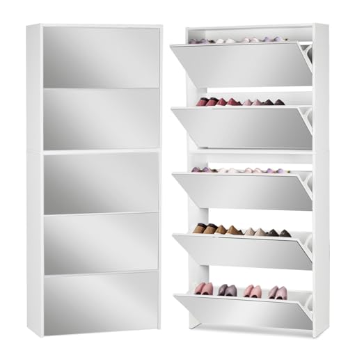 AODAILIHB Shoe Cabinet with 5 Flip Drawers, Mirrored Narrow Shoes Storage Cabinet for Entryway, Enclosed Shoe Rack Dresser Slim Hidden Wooden Shoe Storage Cupboard Organizer Door Entrance (White)
