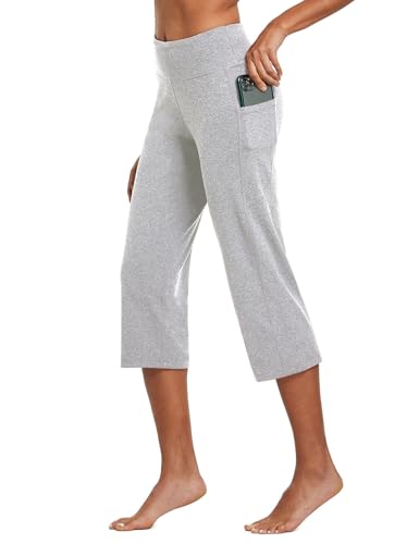 baleaf Womens Yoga Capri Pants High Waist Capri Leggings with Pockets Wide Leg Crop Exercise Workout Summer Pants Light Gray L