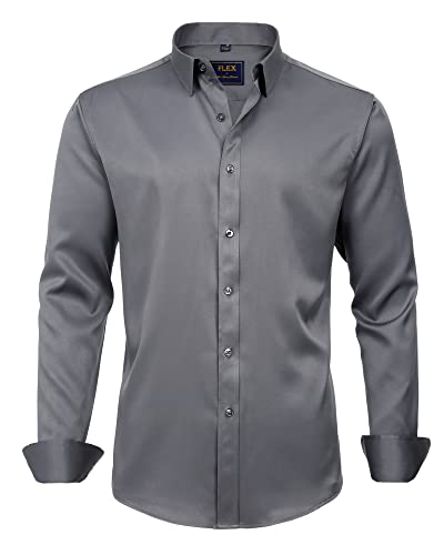 J.VER Men's Dress Shirts Solid Long Sleeve Stretch Wrinkle-Free Formal Shirt Business Casual Button Down Shirts Grey 3XL