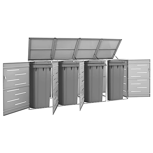 Udorich Organize Waste with Quadruple Wheelie Bin Shed, Stainless Steel Frame with Lockable Lid, Anti-Rust Design for Outdoor Use, Gray