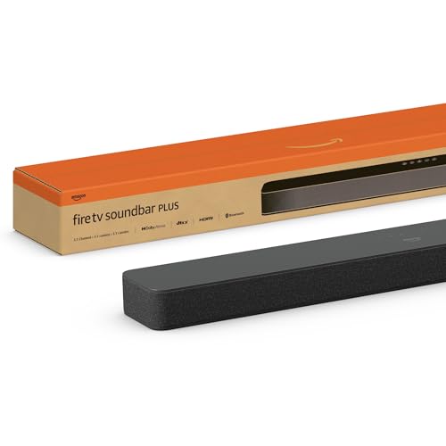 Introducing Amazon Fire TV Soundbar Plus, 3.1 channel, all-in-one design, Dolby Atmos, DTS:X, clear dialogue, 2024 release