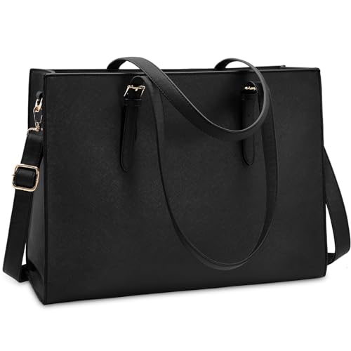 Laptop Bag for Women Waterproof Lightweight Leather 15.6 Inch Computer Tote Bag Business Office Briefcase Large Capacity Handbag Shoulder Bag Professional Office Work Bag Black