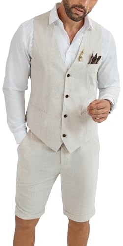 HUEZOE Mens Linen Suit 2 Piece Short Suits for Men Casual Summer Beach Groom Wedding Suit Linen Beige Vest Shorts Set Large