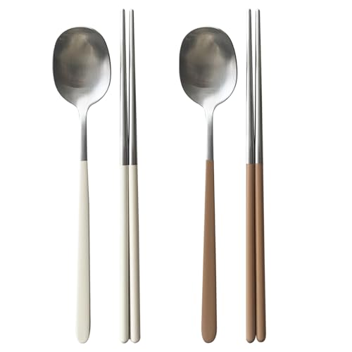 304 Stainless Steel durable Lightweight Korean-style Beautiful Cutlery Spoon and Chopsticks Set Scratch Resistant 2Pieces (Ivory+Brown)