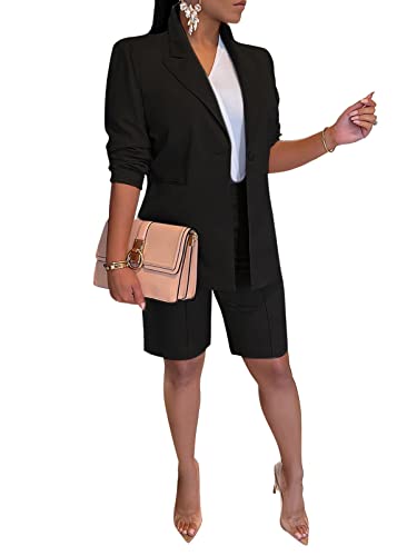Famnbro Womens 2 Piece Blazer Outfits Lapels Open Front Suit Jacket and Bermuda Shorts Set