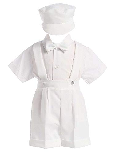 White Christening Baptism Suspenders and Short Set with Hat Size 3T