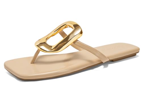 Coutgo Womens Flat Sandals Dress Slide Sandals Thong Summer Beach Shoes with Metal Decorationn,Light Khaki,size 9