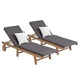 Patiorama Patio Acacia Wood Chaise Lounge Set of 2, Outdoor Folding Lounge Chair Recliner w/Adjustable Backrest, Wheels,Padded Cushion, Portable Sun Lounger Pool Chair for Deck,FSC Certified,Dark Grey